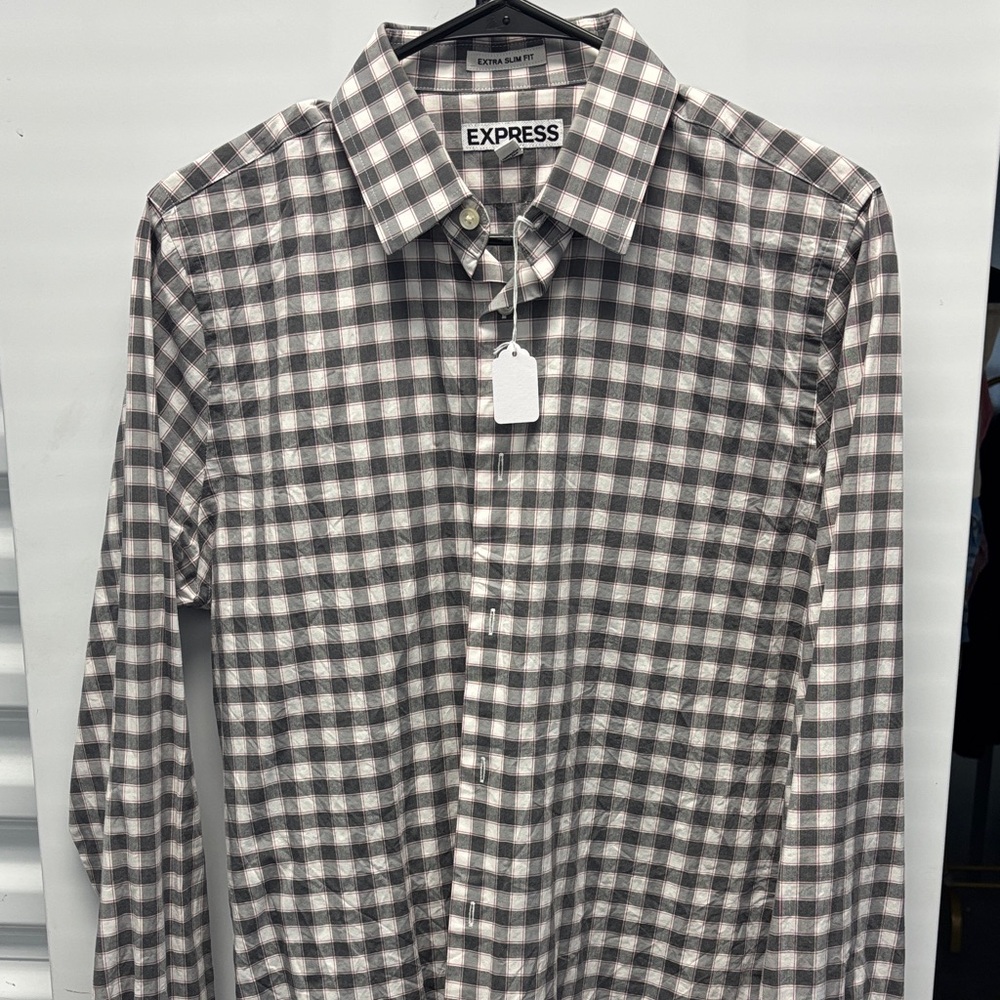 Express Men's Black and White Checkered Shirt